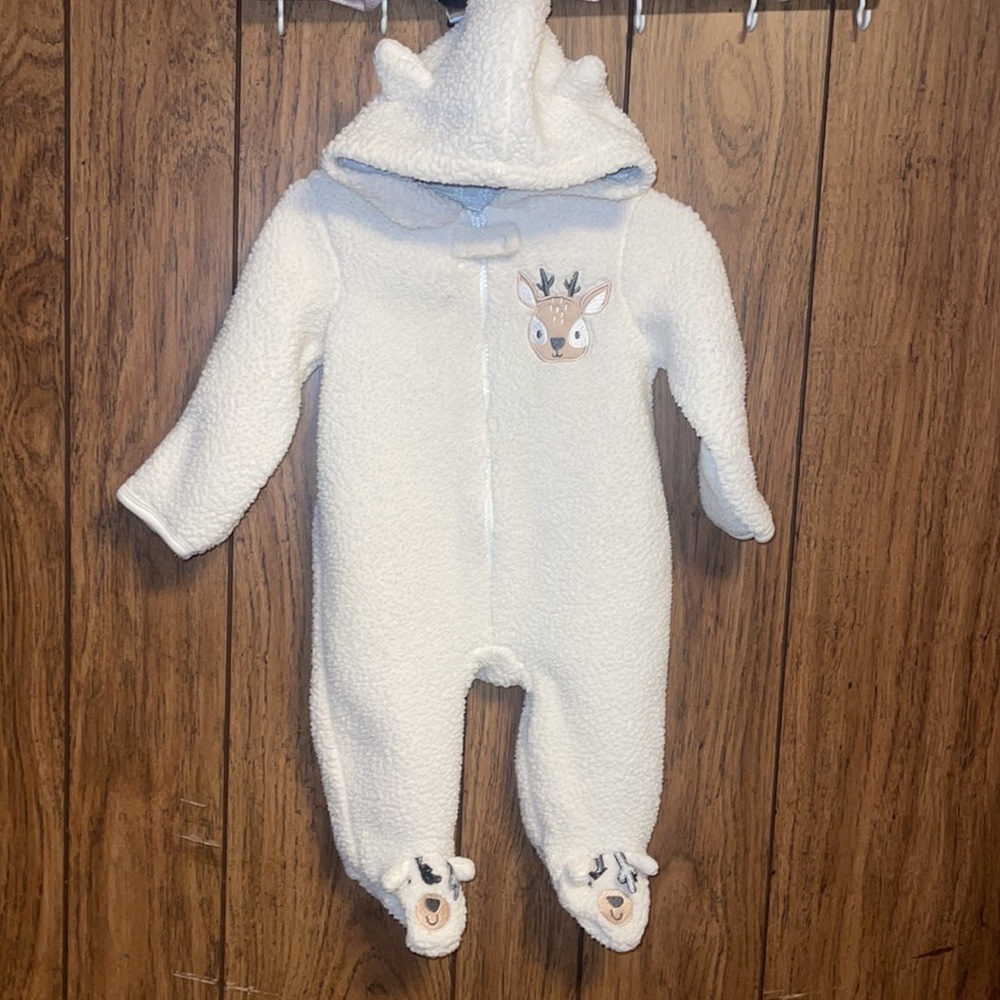 Baby 3/6 month reindeer fleece zip up jumpsuit for cold weather